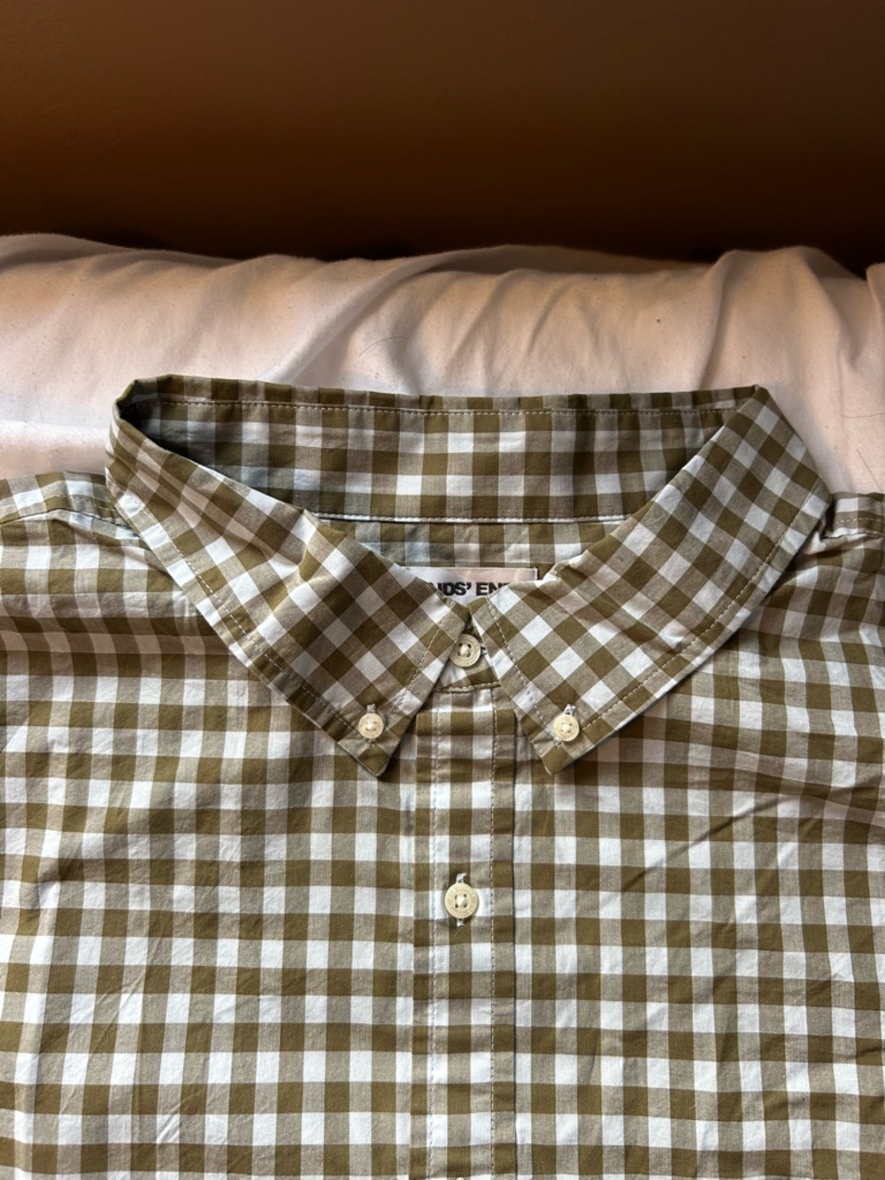 Lands’ End Button-Down Shirt - Men's Olive Green Gingham Shirt